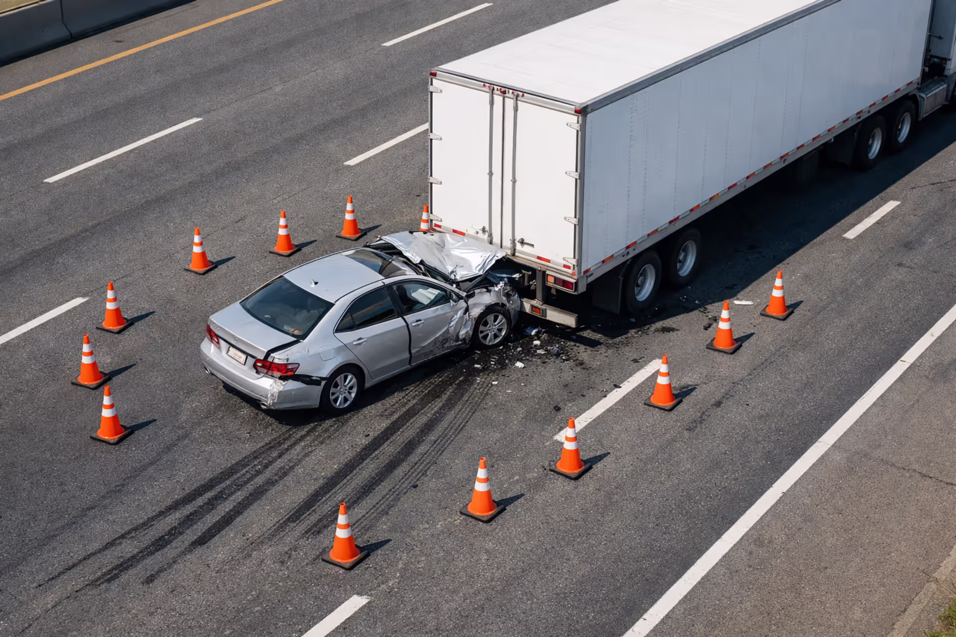 Aerial view of a highway accident scene showing a damaged silver sedan in front of a large white semi-trailer truck with skid marks on the road and orange traffic cones
